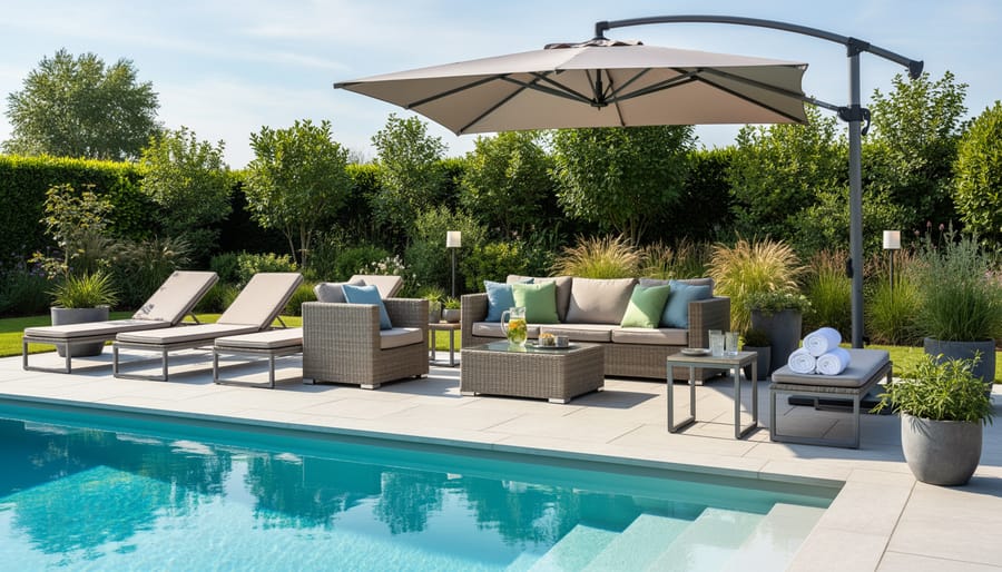 Poolside patio decorated with weather-resistant furniture, cushions, and planters