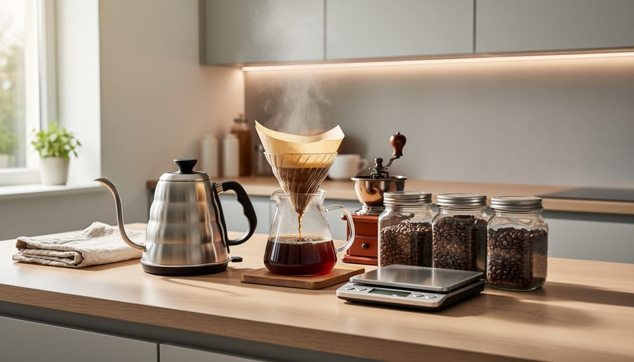 Pour-over coffee brewing equipment arranged on marble kitchen counter with natural lighting