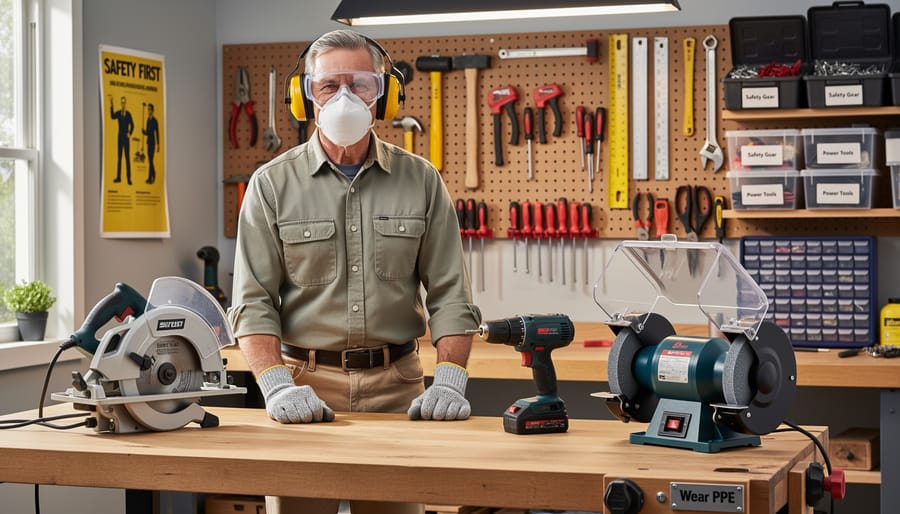 Workshop user wearing safety glasses and hearing protection while operating table saw with guard