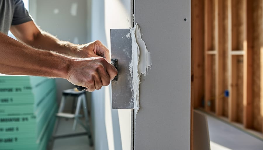 Close-up of a professional builder using a wide taping knife to smooth joint compound over a taped drywall seam, lit by soft side daylight, with stacked green moisture-resistant boards, a ladder, and wall framing blurred in the background.