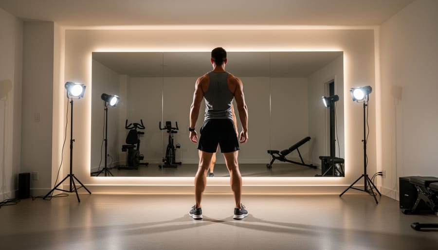 Woman exercising with dumbbells in well-lit home gym with three-point lighting