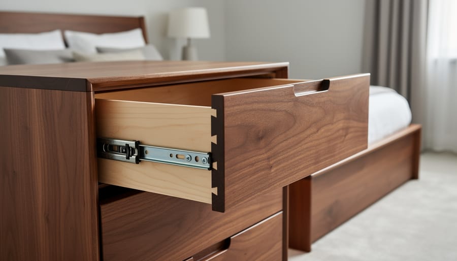 Open dresser drawer revealing ball-bearing glides and solid wood interior construction
