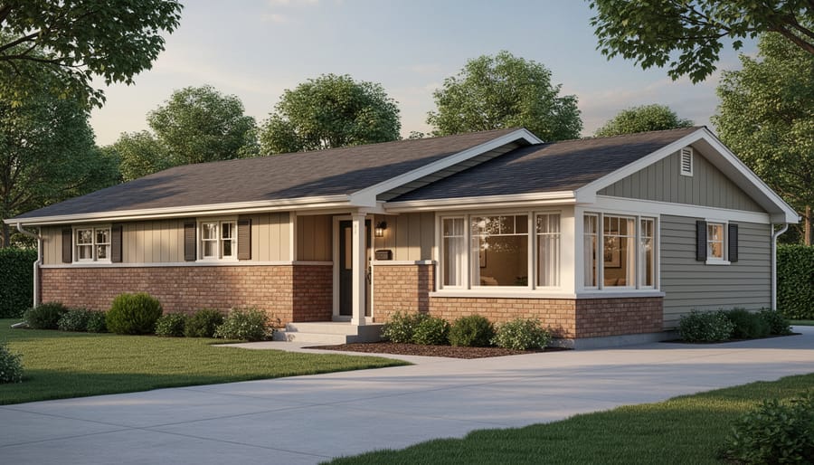 Close-up of ranch home exterior showing matching materials and trim between original and addition