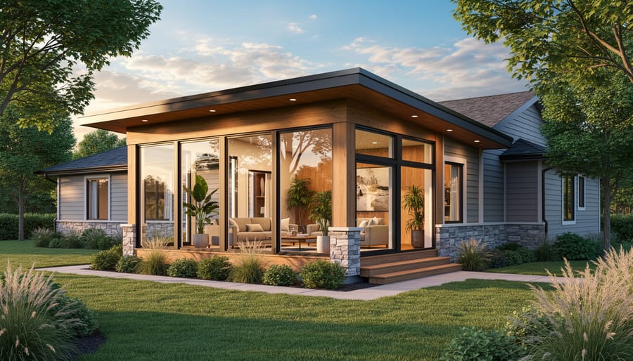 Bright sunroom addition with floor-to-ceiling windows and natural light