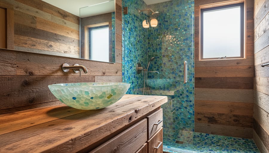 Bathroom vanity featuring reclaimed wood countertop and recycled glass tile backsplash