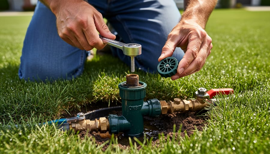 Overhead view of hands using wrench to remove Orbit sprinkler head from lawn