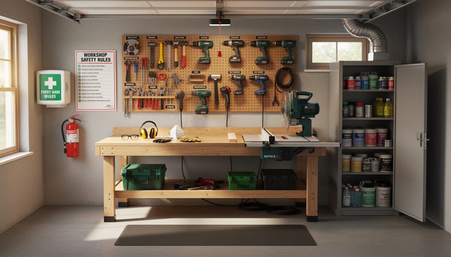 Clean, well-lit home garage workshop with organized tools and visible safety equipment