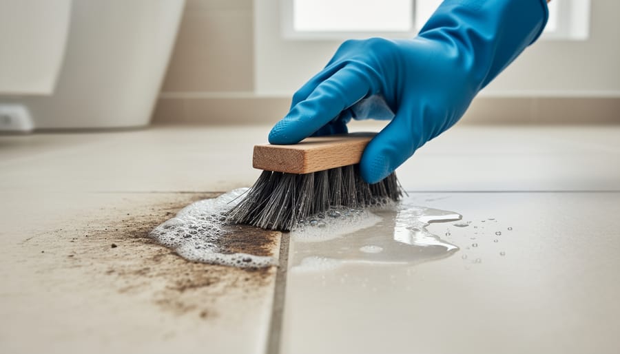 Hand in rubber glove scrubbing bathroom grout with specialized brush
