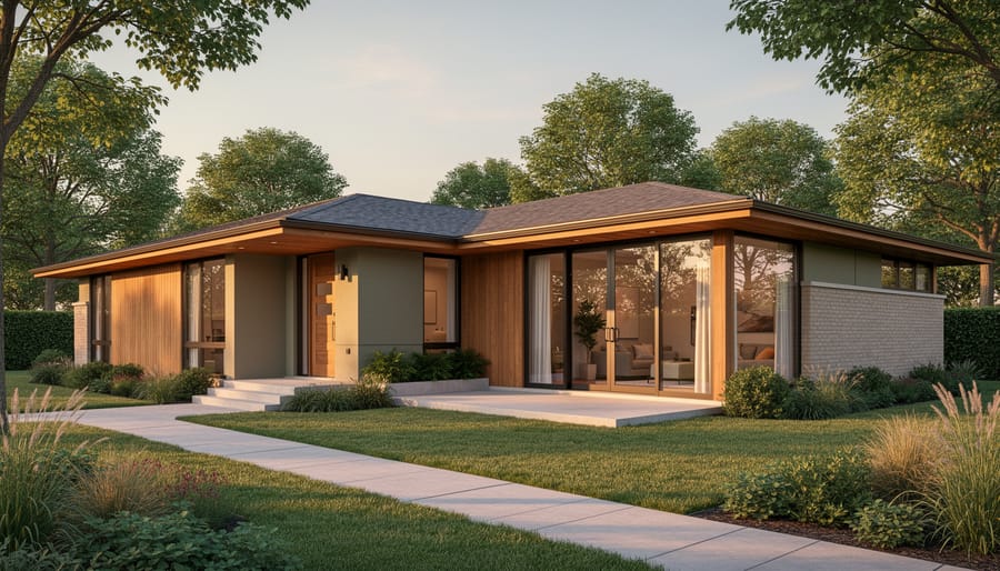 Mid-century ranch house with matching-roofline addition and large sliding glass doors opening to a patio at golden hour, with landscaped yard and mature trees softly blurred in the background.