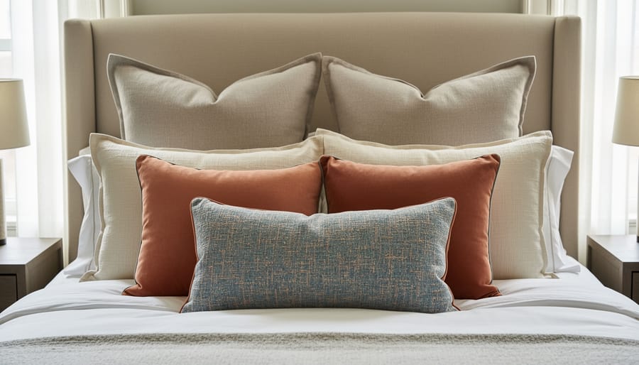 Close-up of styled U-sectional corner with layered decorative pillows in various textures and colors