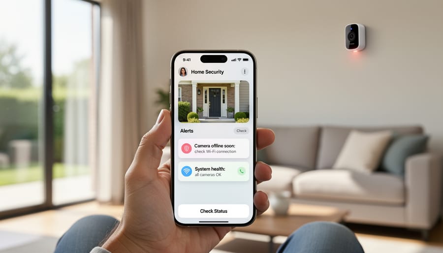 Smartphone displaying home security camera monitoring app with live footage
