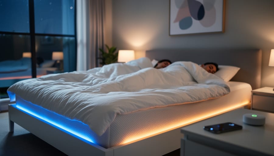 Sleeping couple in a modern bedroom with a white duvet over a smart mattress emitting subtle blue and warm amber glows on each side; soft lamplight and moonlight; a blurred nightstand holds a smartphone and discreet smart hub.