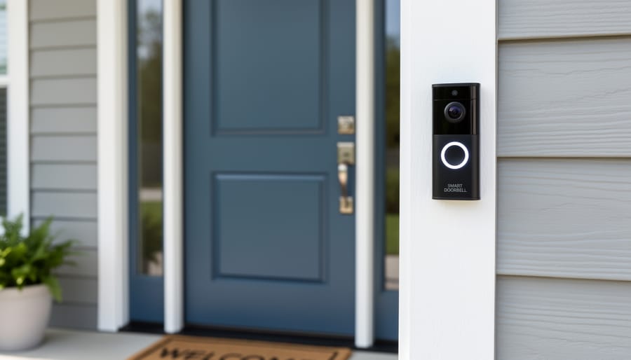 Smart video doorbell installed beside front door with hand pressing button