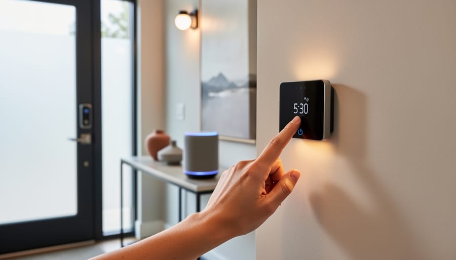 Person adjusting a smart thermostat in a modern living room entryway, with warm smart bulbs and a small smart speaker visible; blurred background shows a front door with a smart lock and exterior video doorbell.