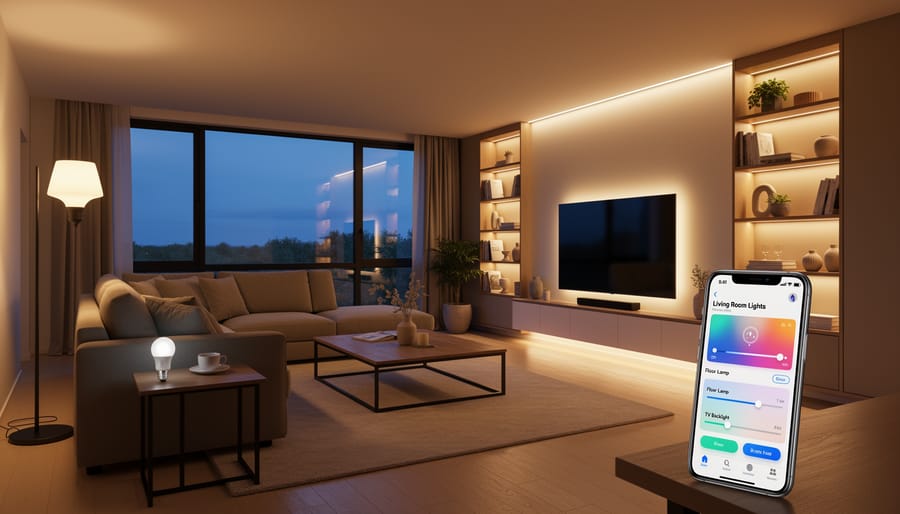 Modern smart light bulb glowing in contemporary home ceiling fixture