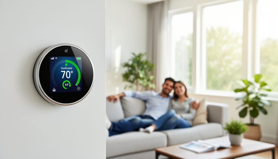 Modern smart thermostat mounted on wall displaying temperature controls