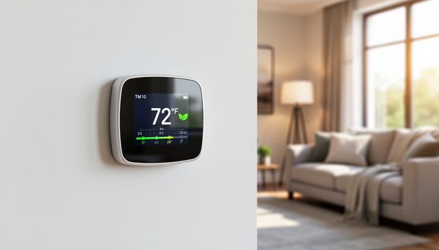 Person adjusting modern smart thermostat on wall in contemporary home