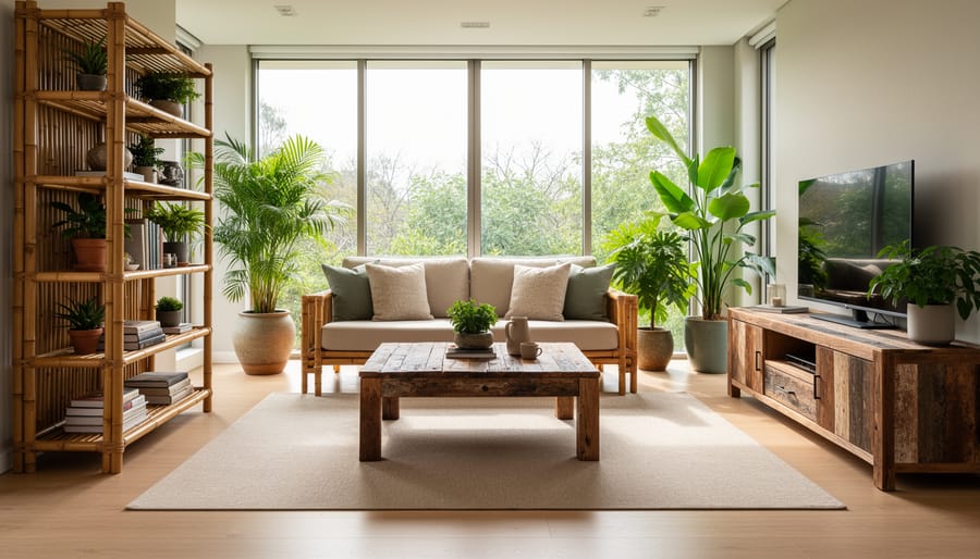 Modern living room with sustainable reclaimed wood and bamboo furniture
