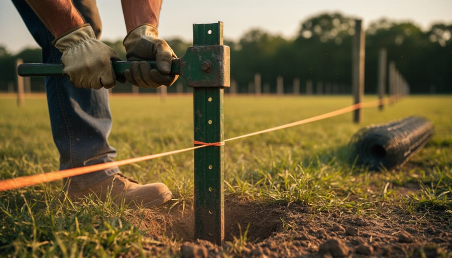Gloved hands driving a green steel T-post with a post driver beside a taut string line on a rural property at golden hour, with a blurred pasture, evenly spaced posts, and fencing materials in the background.