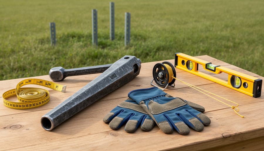 T-post installation tools including post driver, measuring tape, string line, level and work gloves on workbench