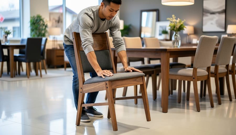 Person testing the stability of a wooden nightstand by applying gentle pressure