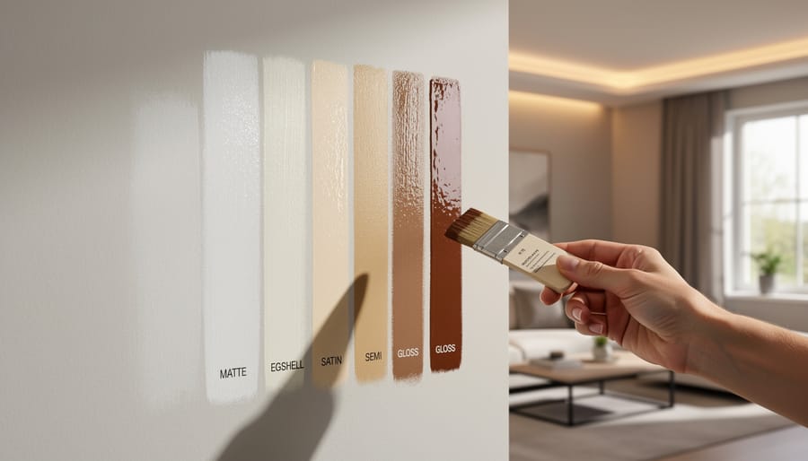 Hand holding paint finish sample boards against wall in natural lighting