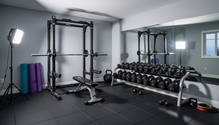 Modern home gym with three-point lighting setup showing key, fill, and back lights