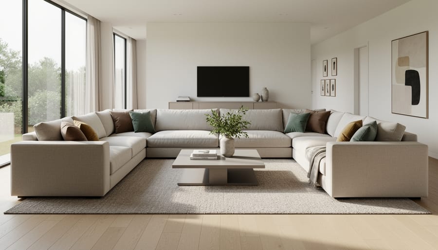 Modern beige U-shaped sectional sofa arranged in contemporary living room with natural lighting
