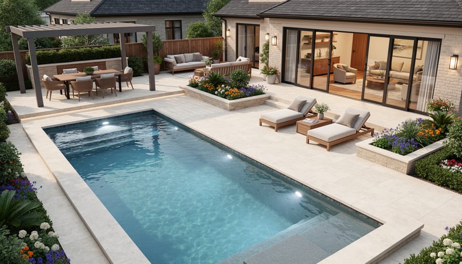 Overhead view of modern pool and patio designed as one integrated outdoor living space