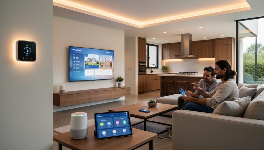Modern living room showcasing integrated smart home devices working together