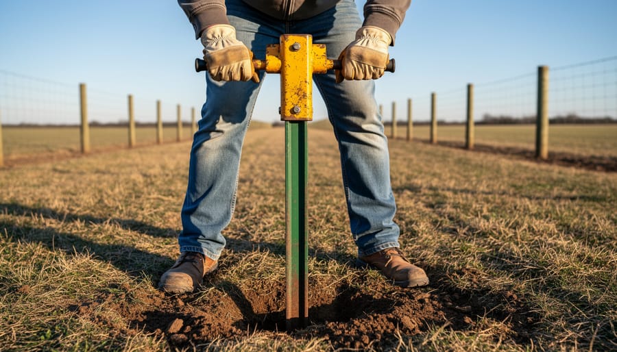 Person using t-post driver to pound metal fence post into ground