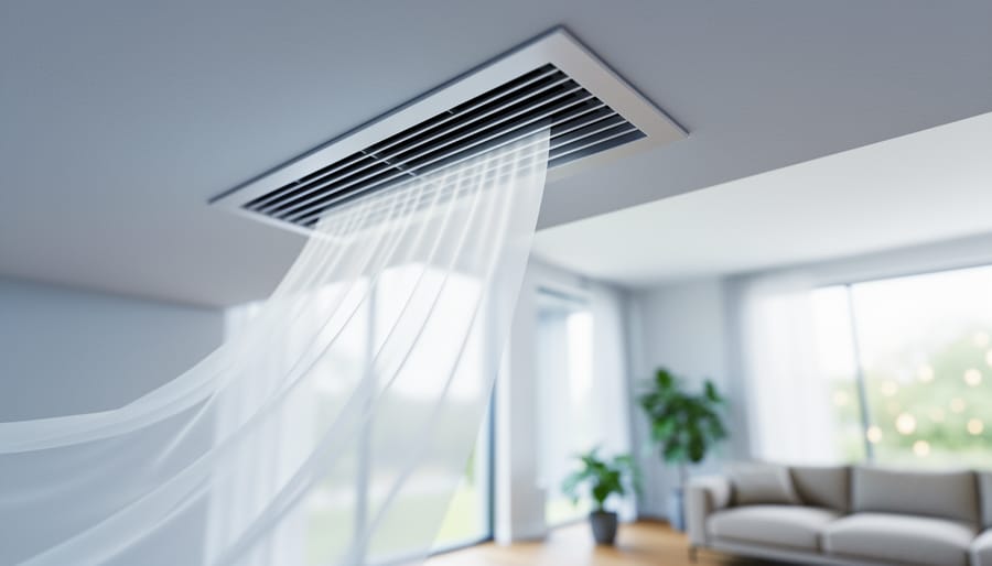 Close-up of a wall-mounted ventilation grille near the ceiling in a bright modern living room, with a sheer curtain gently billowing and a sunlit window and plants softly blurred behind.