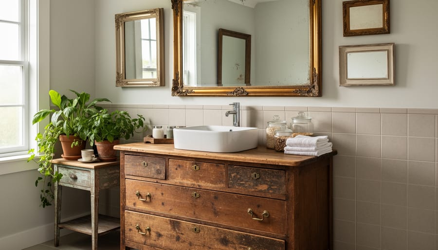 Vintage brass mirror mounted above repurposed dresser converted to bathroom vanity