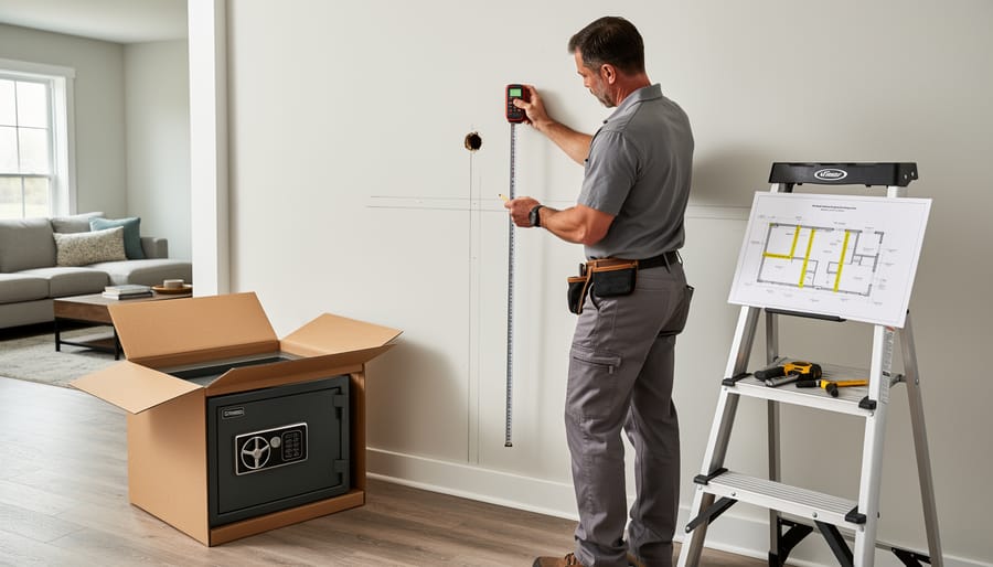 Biometric quick-access gun safe on bedroom nightstand with fingerprint scanner