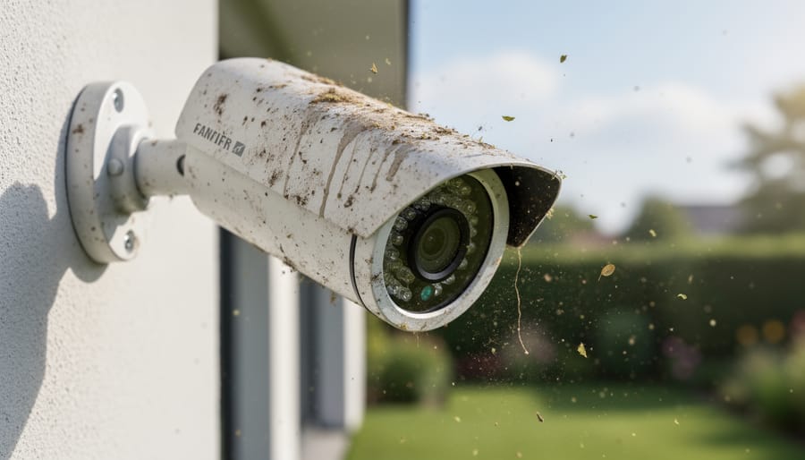 Outdoor security camera with visible dirt and condensation showing signs of weathering