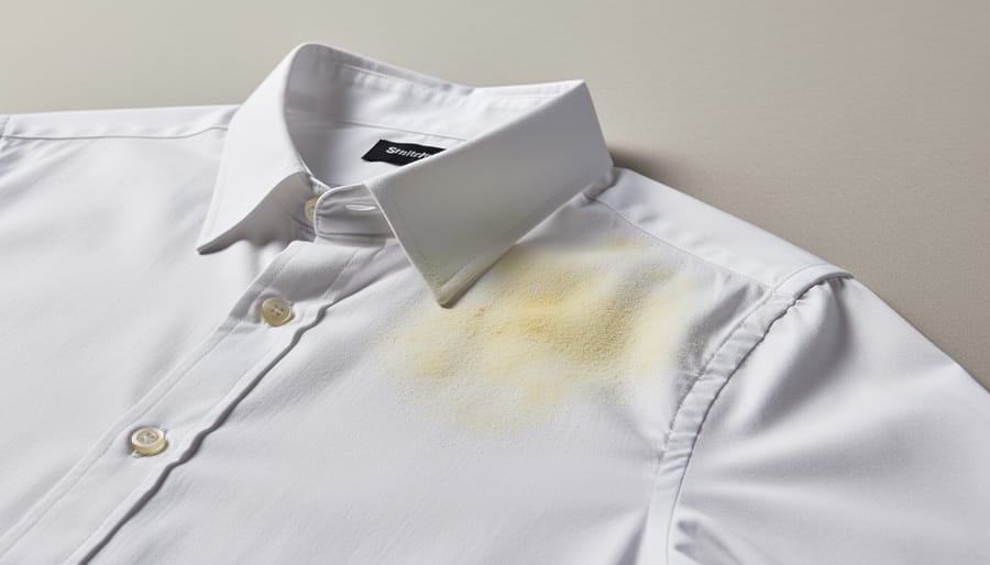 Close-up of white shirt showing yellow stains on collar and underarm areas
