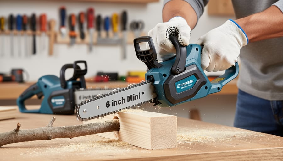 Compact 6-inch battery-powered chainsaw on workbench with pruned branches