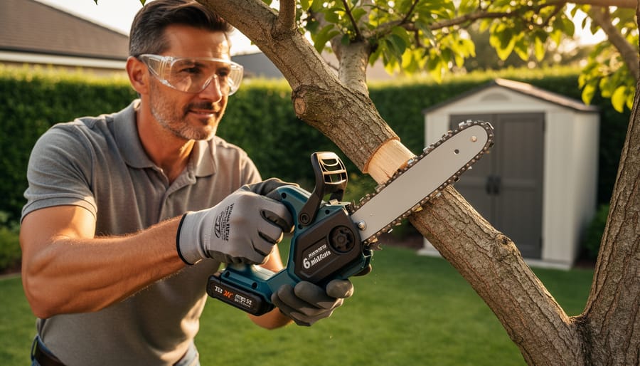 Gloved homeowner wearing safety glasses uses a compact 6-inch cordless mini chainsaw with two hands to cut a 4-inch branch from an ornamental tree in a suburban backyard, with warm golden light and a blurred garden shed in the background.