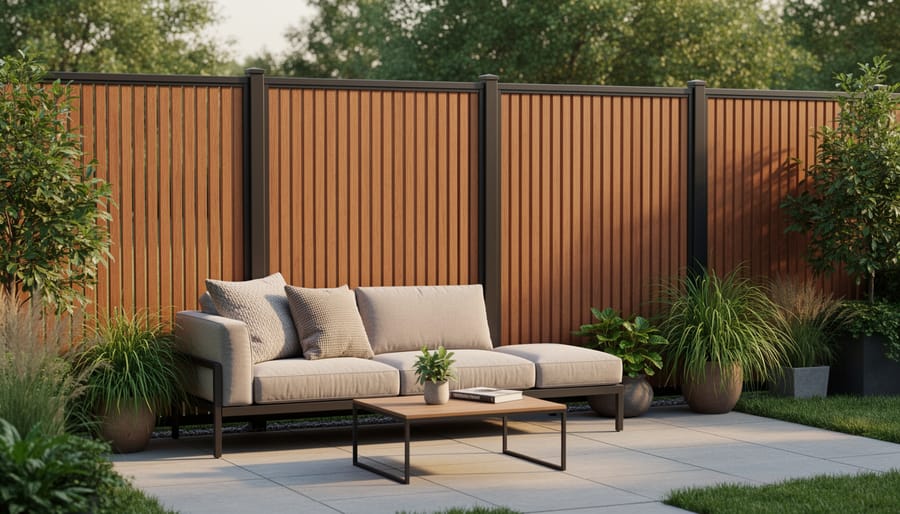 Eight-foot tall wooden privacy screen installed next to outdoor patio furniture