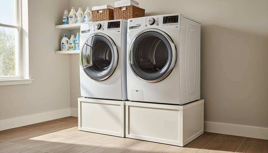 Modern accessible laundry room with front-loading washer and dryer on pedestals with clear floor space