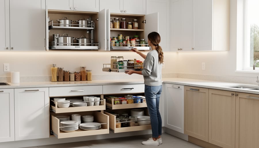 Pull-out drawer storage system in laundry room with supplies at accessible mid-height level