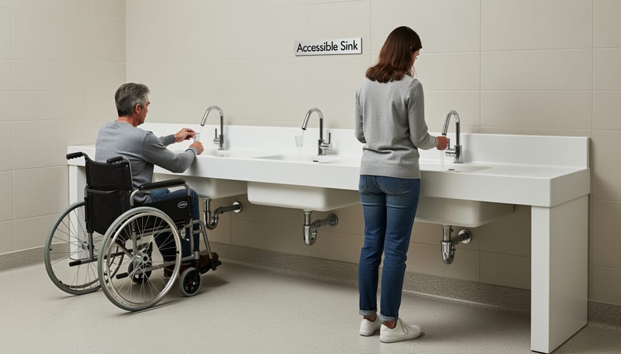 Wall-mounted utility sink with lever-handle faucet and open knee clearance space underneath