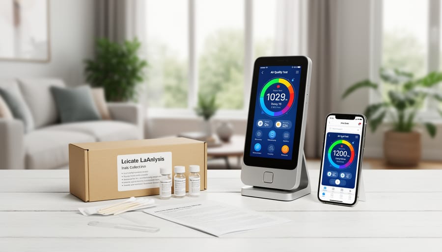 Indoor air quality testing device and test kit on table in home setting