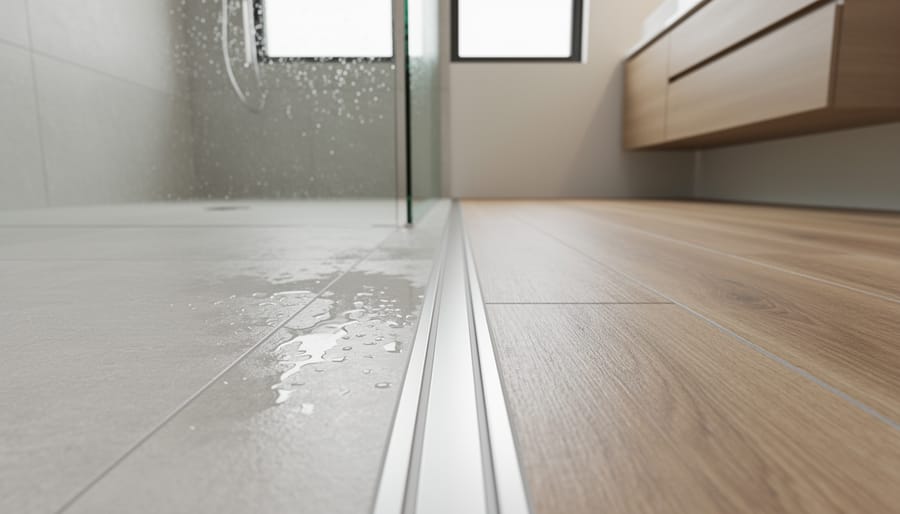 Waterproof threshold transition strip between hallway flooring and bathroom tile