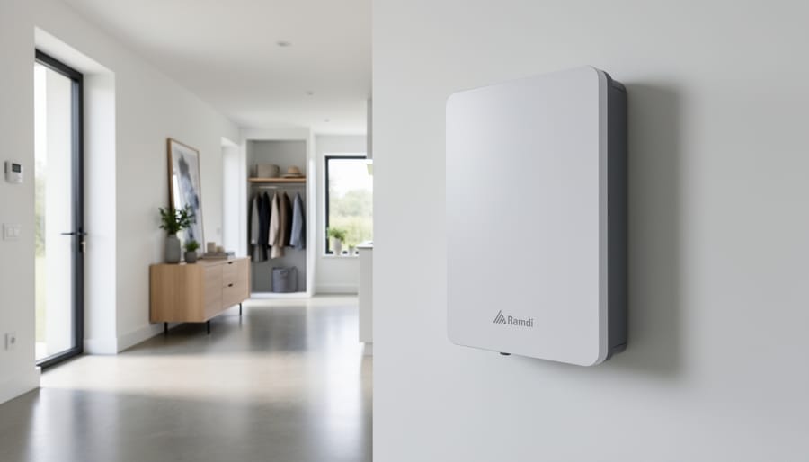 Modern battery backup power system installed on residential garage wall