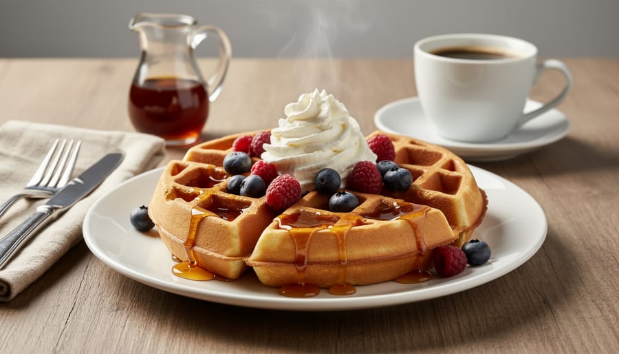 Belgian waffle with deep pockets topped with strawberries and maple syrup on white plate