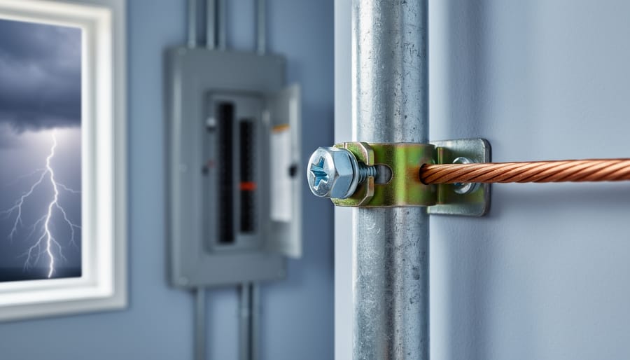 Close-up of a copper bonding wire and grounding clamp attached to a metal water pipe next to a home electrical panel, with a blurred utility room and storm lightning visible through a small window.