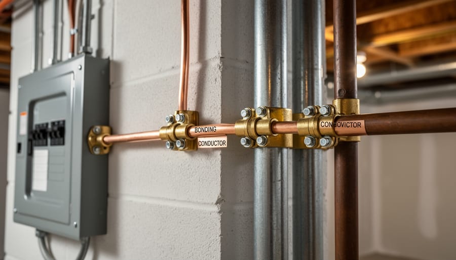 Copper bonding wire attached to water pipe with brass clamp in residential setting