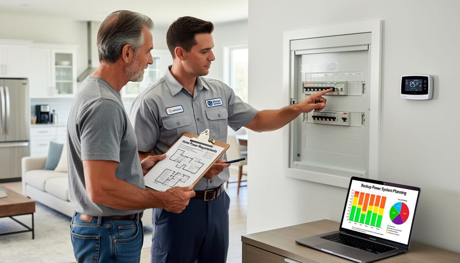 Homeowner calculating electrical power needs while examining home electrical panel