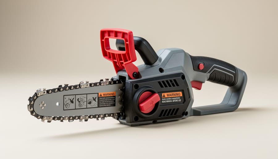 Close-up of safety features on compact chainsaw including chain brake and ergonomic grip